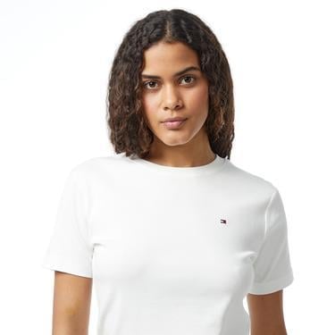Tommy Hilfiger Tommy Hilfiger Kadın %100 Pamuklu Logo Detaylı Bisiklet Yaka Kısa Kollu Beyaz T-Shirt WW0WW40587-YBL