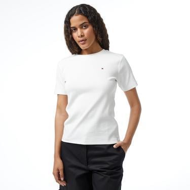 Tommy Hilfiger Tommy Hilfiger Kadın %100 Pamuklu Logo Detaylı Bisiklet Yaka Kısa Kollu Beyaz T-Shirt WW0WW40587-YBL