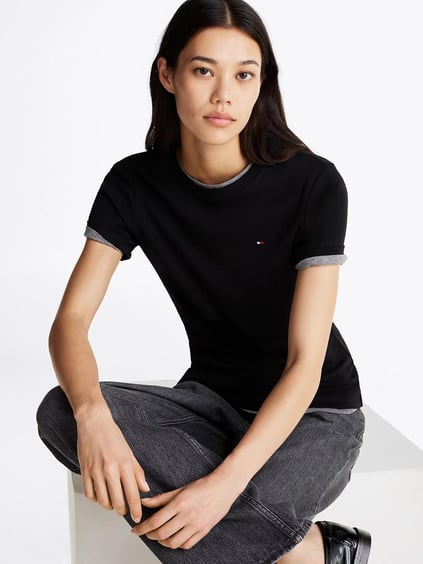 Tommy Hilfiger Tommy Hilfiger Kadın %100 Pamuklu Logo Detaylı Bisiklet Yaka Kısa Kollu Siyah T-Shirt WW0WW40587-BDS