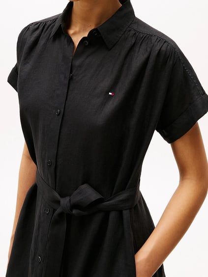 TOMMY HILFIGER Tommy Hilfiger Kadın Belden Kuşaklı Uzun Boy Gömlek Yaka Önden Düğme Kapama Siyah Elbise WW0WW44653-BDS