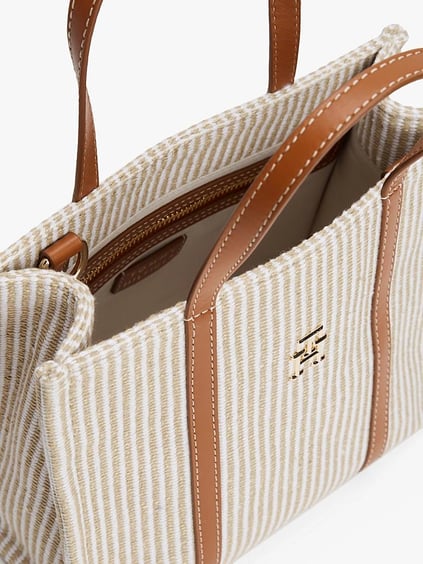 TOMMY HILFIGER Tommy Hilfiger Kadın Çizgili Pamuklu Kumaş Çıkarılabilir ve Ayarlanabilir Omuz Askılı Bej Omuz Çantası AW0AW17208-0F4