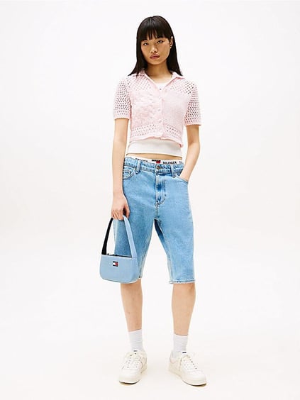 TOMMY HILFIGER Tommy Hilfiger Kadın Denim Kumaş Logo Desenli Fermuarlı Mavi Omuz Çantası AW0AW17363-0GY