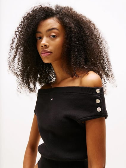TOMMY HILFIGER Tommy Hilfiger Kadın Dokuma Kumaş Omzu Açık Beli Lastikli Çizgili Crop Siyah Bluz DW0DW20252-BDS