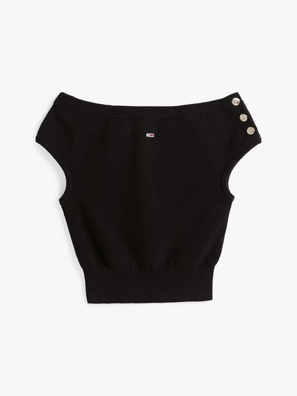 TOMMY HILFIGER Tommy Hilfiger Kadın Dokuma Kumaş Omzu Açık Beli Lastikli Çizgili Crop Siyah Bluz DW0DW20252-BDS