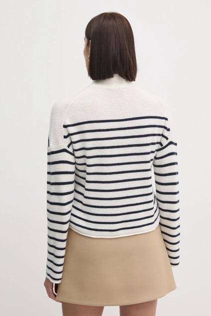 TOMMY HILFIGER Tommy Hilfiger Kadın Düğme Kapamalı Dik Yaka Regular Fit Çizgili Yün Beyaz Kazak WW0WW44981-0FF