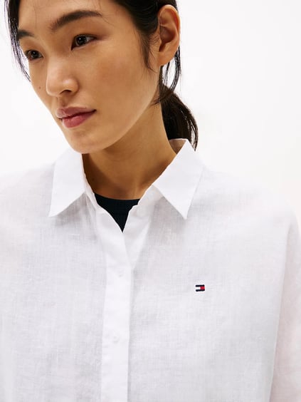 TOMMY HILFIGER Tommy Hilfiger Kadın Düğme Kapama Çizgili Uzun Kol Pamuklu Beyaz Gömlek WW0WW46169-YCF