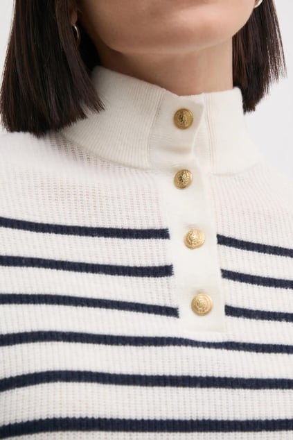 TOMMY HILFIGER Tommy Hilfiger Kadın Düğme Kapamalı Dik Yaka Regular Fit Çizgili Yün Beyaz Kazak WW0WW44981-0FF
