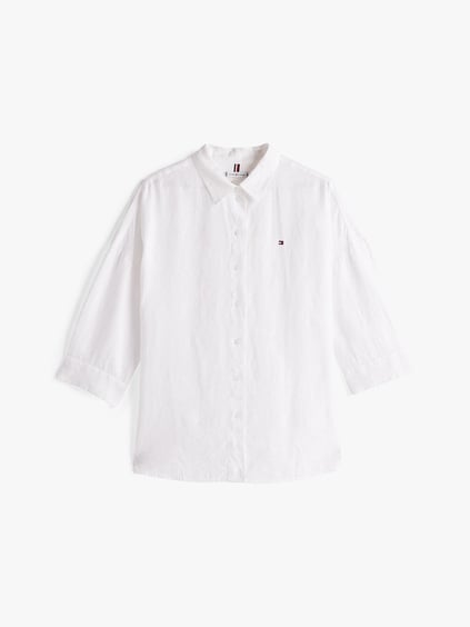 TOMMY HILFIGER Tommy Hilfiger Kadın Düğme Kapama Çizgili Uzun Kol Pamuklu Beyaz Gömlek WW0WW46169-YCF