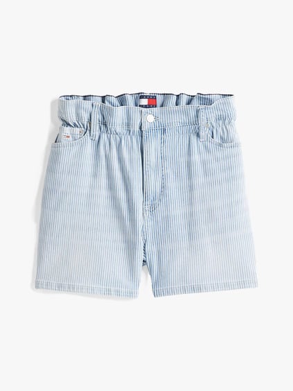 TOMMY HILFIGER Tommy Hilfiger Kadın Elastik Belli Çizgi Desenli Esnek Pamuklu Kısa Denim Mavi Şort DW0DW20085-1A5