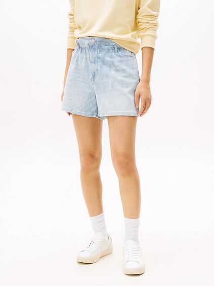 TOMMY HILFIGER Tommy Hilfiger Kadın Elastik Belli Çizgi Desenli Esnek Pamuklu Kısa Denim Mavi Şort DW0DW20085-1A5