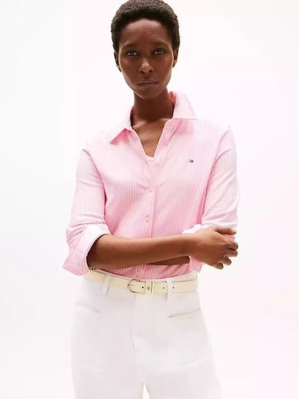 Tommy Hilfiger Tommy Hilfiger Kadın Gömlek Yaka Düğme Kapama Uzun Kol Slim Fit Pembe Gömlek WW0WW43528-0D7
