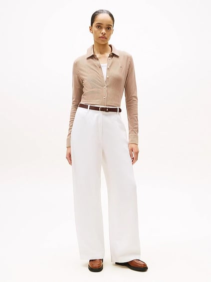 TOMMY HILFIGER Tommy Hilfiger Kadın Gömlek Yaka Düğme Kapama Uzun Kol Slim Fit Kahverengi Gömlek WW0WW43528-0BK