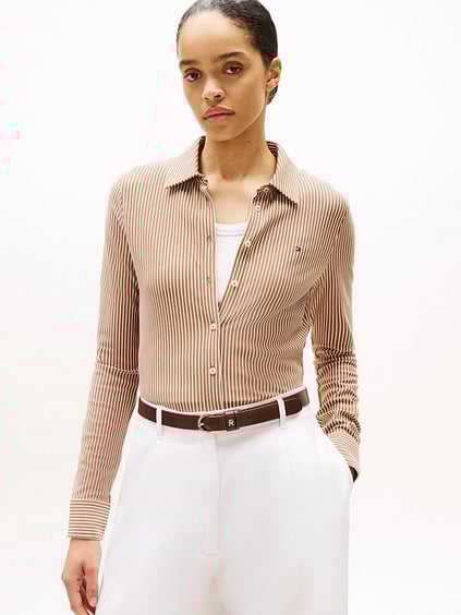 TOMMY HILFIGER Tommy Hilfiger Kadın Gömlek Yaka Düğme Kapama Uzun Kol Slim Fit Kahverengi Gömlek WW0WW43528-0BK