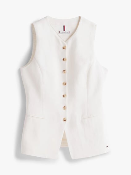 TOMMY HILFIGER Tommy Hilfiger Kadın Gold Düğme Kapama Kolsuz Dokuma Kumaş Kırık Beyaz Ceket WW0WW44752-Z00