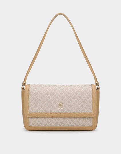 TOMMY HILFIGER Tommy Hilfiger Kadın Gold TH Logolu Jakarlı Monogram Desenli İçi Fermuarlı Bej Omuz Çantası AW0AW17608-0I1