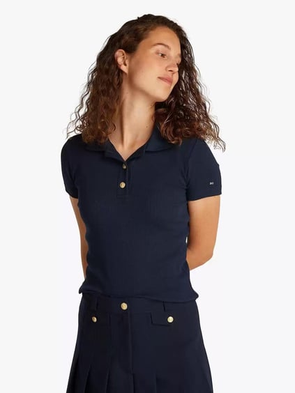 TOMMY HILFIGER Tommy Hilfiger Kadın Gold Düğme Kapama Polo Yaka Standart Boy Pamuklu Lacivert Polo Yaka T-Shirt WW0WW45436-C1G