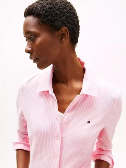 Tommy Hilfiger Tommy Hilfiger Kadın Gömlek Yaka Düğme Kapama Uzun Kol Slim Fit Pembe Gömlek WW0WW43528-0D7