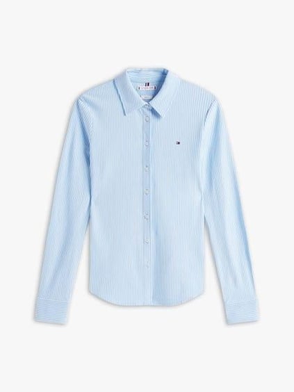 Tommy Hilfiger Tommy Hilfiger Kadın Gömlek Yaka Düğme Kapama Uzun Kol Slim Fit Mavi Gömlek WW0WW43528-0X6