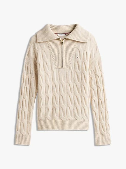 Tommy Hilfiger Tommy Hilfiger Kadın Kapitone Desenli Yarım Fermuarlı Yumuşak Yünlü Örgü Bej Kazak WW0WW46425-ADK