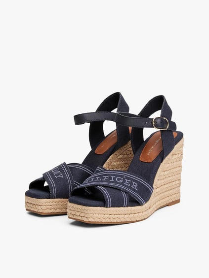 TOMMY HILFIGER Tommy Hilfiger Kadın Kalın Topuk Hasır Topuk Çift Bantlı Rahat Lacivert Dolgu Topuklu Ayakkabı FW0FW08668-DW6