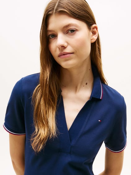 TOMMY HILFIGER Tommy Hilfiger Kadın Kısa Kol V Yaka Düz Model Slim Fit Diz Üstü Boy Mavi Elbise WW0WW45740-C1G