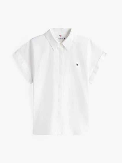 TOMMY HILFIGER Tommy Hilfiger Kadın Kısa Kol Gömlek Yaka Rahat  Kesim Beyaz Gömlek WW0WW45897-YCF