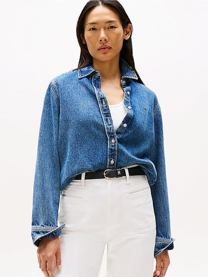 Tommy Hilfiger Tommy Hilfiger Kadın Normal Kalıp Gömlek Yaka Uzun Kollu Denim Mavi Gömlek WW0WW47219-1A5