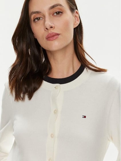Tommy Hilfiger Tommy Hilfiger Kadın Normal Kalıp Yuvarlak Yakalı Pamuklu Uzun Kollu Örme Ekru Hırka WW0WW42370-Z00