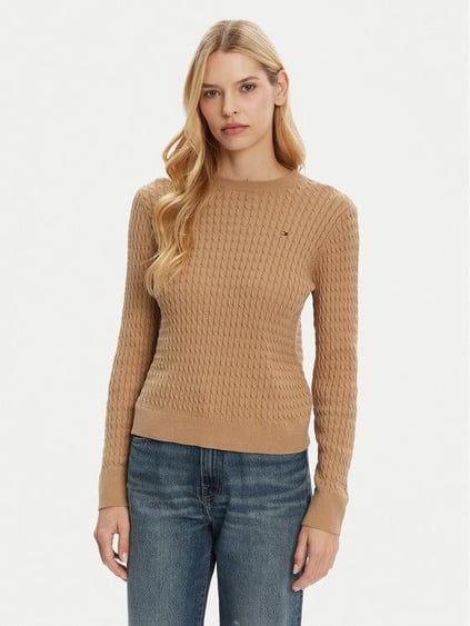Tommy Hilfiger Tommy Hilfiger Kadın Normal Kalıp Ribana Yakalı Uzun Kollu %100 Pamuklu Örme Bej Kazak WW0WW44993-RBC