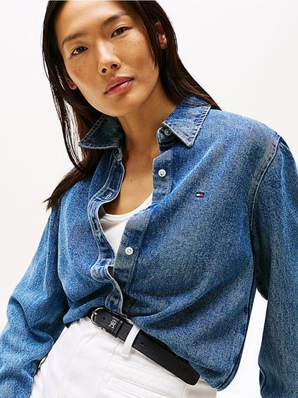 Tommy Hilfiger Tommy Hilfiger Kadın Normal Kalıp Gömlek Yaka Uzun Kollu Denim Mavi Gömlek WW0WW47219-1A5