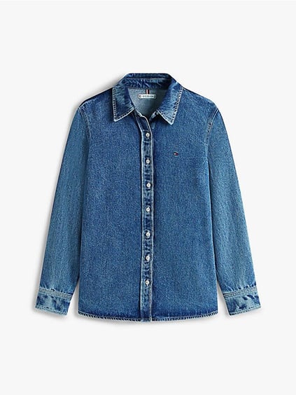 Tommy Hilfiger Tommy Hilfiger Kadın Normal Kalıp Gömlek Yaka Uzun Kollu Denim Mavi Gömlek WW0WW47219-1A5