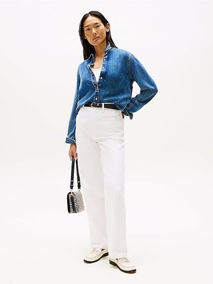 Tommy Hilfiger Tommy Hilfiger Kadın Normal Kalıp Gömlek Yaka Uzun Kollu Denim Mavi Gömlek WW0WW47219-1A5