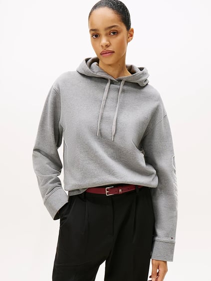 Tommy Hilfiger Tommy Hilfiger Kadın Normal Kalıp Kolu Logo İmzalı Kapüşonlu Pamuklu Uzun Kollu Gri Sweatshirt WW0WW46127-P61
