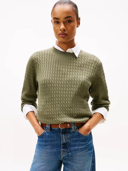 Tommy Hilfiger Tommy Hilfiger Kadın Normal Kalıp Ribana Yakalı Uzun Kollu %100 Pamuklu Örme Yeşil Kazak WW0WW44993-PLI