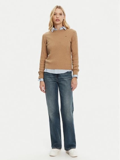 Tommy Hilfiger Tommy Hilfiger Kadın Normal Kalıp Ribana Yakalı Uzun Kollu %100 Pamuklu Örme Bej Kazak WW0WW44993-RBC