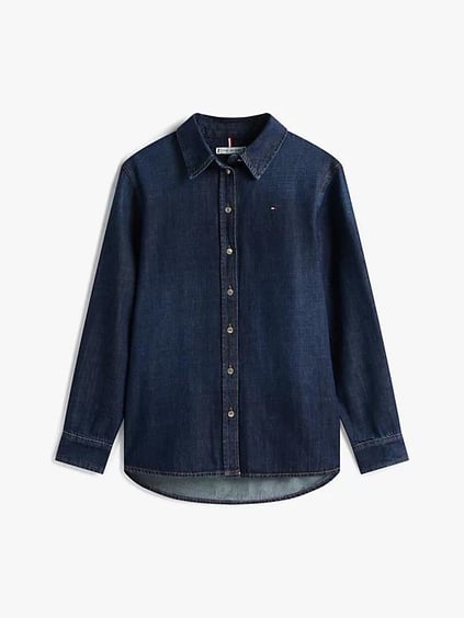 Tommy Hilfiger Tommy Hilfiger Kadın Normal Kalıp Uzun Kollu Pamuklu Denim Lacivert Gömlek WW0WW47453-1BK