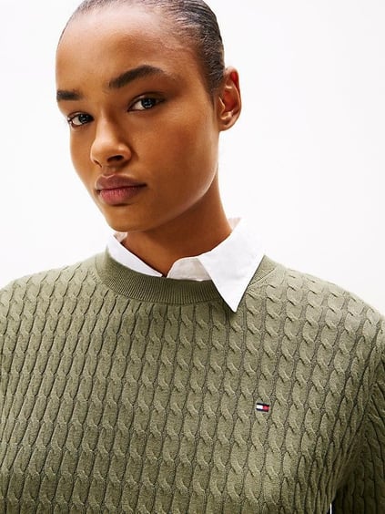 Tommy Hilfiger Tommy Hilfiger Kadın Normal Kalıp Ribana Yakalı Uzun Kollu %100 Pamuklu Örme Yeşil Kazak WW0WW44993-PLI