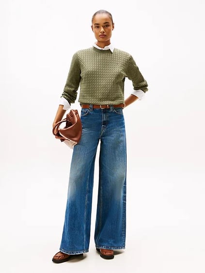 Tommy Hilfiger Tommy Hilfiger Kadın Normal Kalıp Ribana Yakalı Uzun Kollu %100 Pamuklu Örme Yeşil Kazak WW0WW44993-PLI
