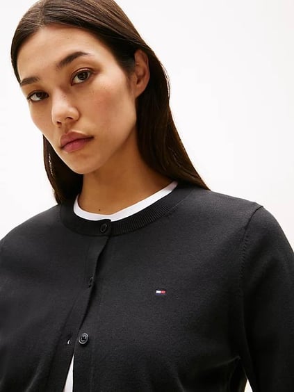 Tommy Hilfiger Tommy Hilfiger Kadın Normal Kalıp Yuvarlak Yakalı Pamuklu Uzun Kollu Örme Siyah Hırka WW0WW42370-BDS