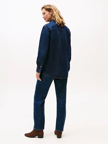 Tommy Hilfiger Tommy Hilfiger Kadın Normal Kalıp Uzun Kollu Pamuklu Denim Lacivert Gömlek WW0WW47453-1BK