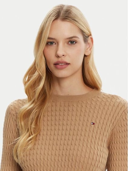 Tommy Hilfiger Tommy Hilfiger Kadın Normal Kalıp Ribana Yakalı Uzun Kollu %100 Pamuklu Örme Bej Kazak WW0WW44993-RBC