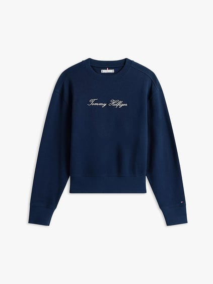 TOMMY HILFIGER Tommy Hilfiger Kadın Oversize Kesim Yuvarlak Yaka Pamuklu Logo İşlemeli Uzun Kollu Lacivert Sweatshirt WW0WW47159-C1G