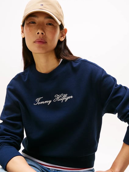 TOMMY HILFIGER Tommy Hilfiger Kadın Oversize Kesim Yuvarlak Yaka Pamuklu Logo İşlemeli Uzun Kollu Lacivert Sweatshirt WW0WW47159-C1G