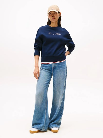 TOMMY HILFIGER Tommy Hilfiger Kadın Oversize Kesim Yuvarlak Yaka Pamuklu Logo İşlemeli Uzun Kollu Lacivert Sweatshirt WW0WW47159-C1G