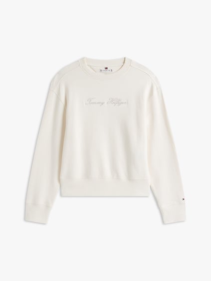 TOMMY HILFIGER Tommy Hilfiger Kadın Oversize Kesim Yuvarlak Yaka Pamuklu Logo İşlemeli Uzun Kollu Beyaz Sweatshirt WW0WW47159-YA8