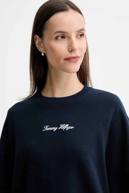 Tommy Hilfiger Tommy Hilfiger Kadın Pamuklu Rahat Kalıp Yuvarlak Yakalı Düşük Omuzlu Lacivert Sweatshirt WW0WW48269-C1G