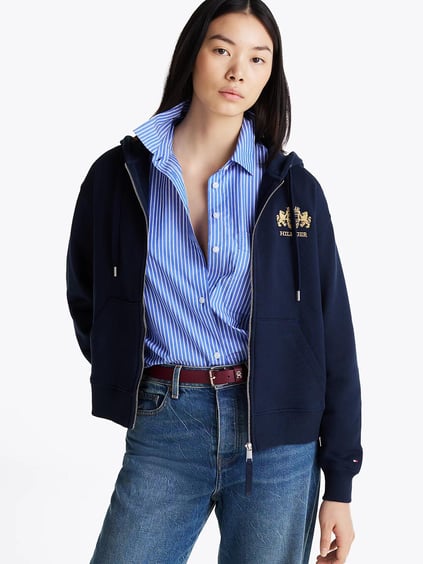 Tommy Hilfiger Tommy Hilfiger Kadın Pamuklu Logo Nakışlı Fermuarlı Kapüşonlu Lacivert Sweatshirt WW0WW43850-C1G
