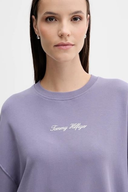 Tommy Hilfiger Tommy Hilfiger Kadın Pamuklu Rahat Kalıp Yuvarlak Yakalı Düşük Omuzlu Mor Sweatshirt WW0WW48269-W0G