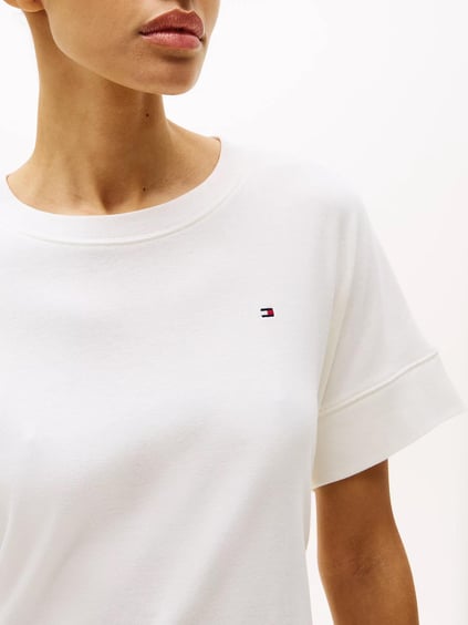 TOMMY HILFIGER Tommy Hilfiger Kadın Pamuklu Rahat Kesim Yuvarlak Yaka Beli İp Bağlamalı Ekru Elbise WW0WW45520-YBL