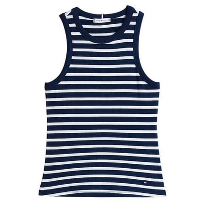 TOMMY HILFIGER Tommy Hilfiger Kadın Pamuklu Yuvarlak Kolsuz Günlük Lacivert-Beyaz Bluz WW0WW38635-0X4